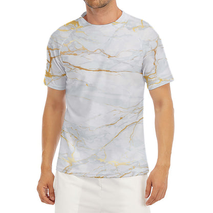 White Gold Scratch Marble Print Men's Short Sleeve Rash Guard