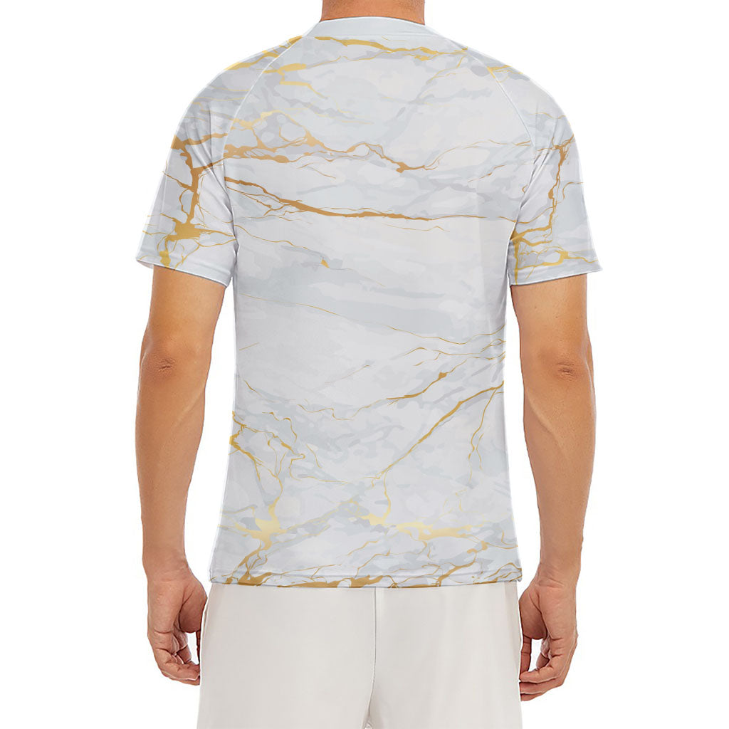 White Gold Scratch Marble Print Men's Short Sleeve Rash Guard