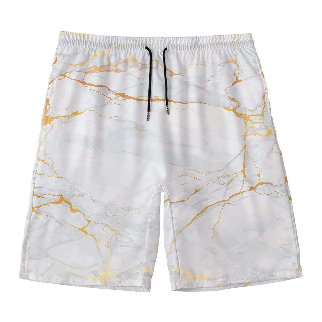 White Gold Scratch Marble Print Men's Swim Trunks