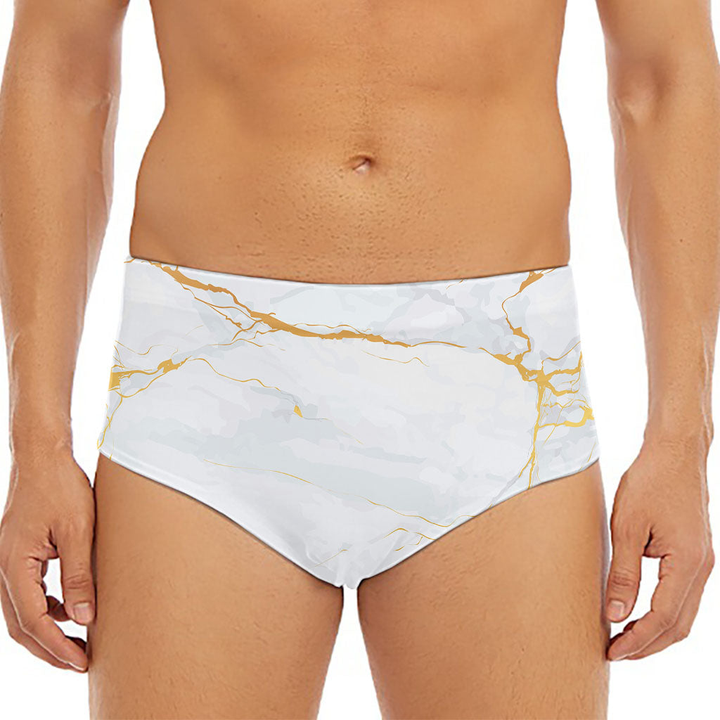 White Gold Scratch Marble Print Men's Triangle Swim Briefs