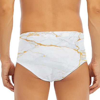 White Gold Scratch Marble Print Men's Triangle Swim Briefs