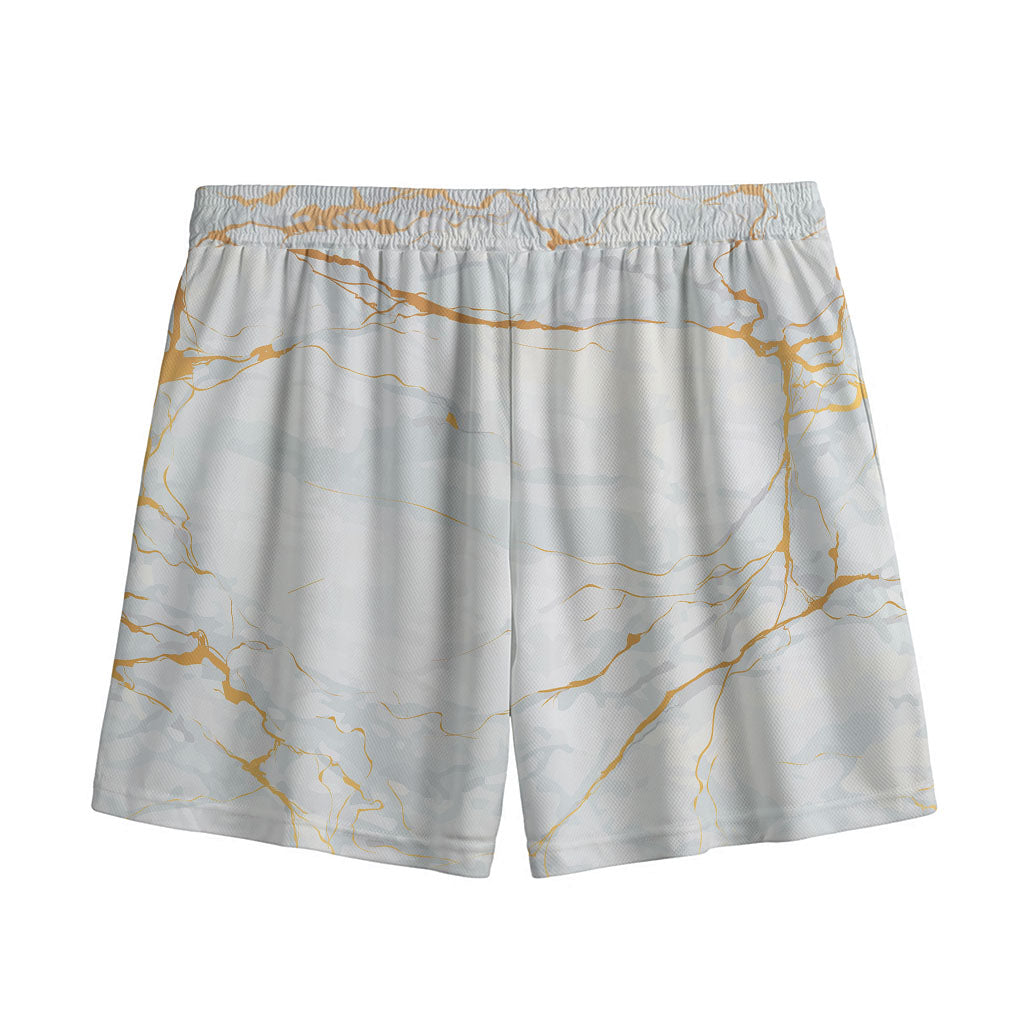 White Gold Scratch Marble Print Mesh Shorts
