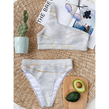 White Gold Scratch Marble Print One Shoulder Bikini Top