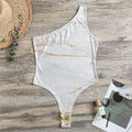 White Gold Scratch Marble Print One Shoulder Bodysuit