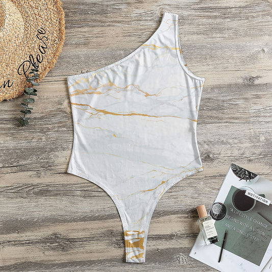 White Gold Scratch Marble Print One Shoulder Bodysuit