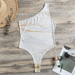 White Gold Scratch Marble Print One Shoulder Bodysuit