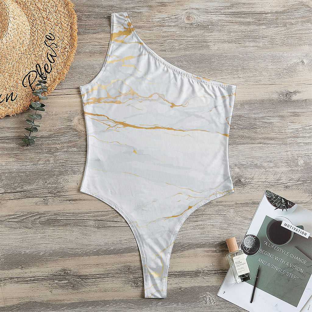 White Gold Scratch Marble Print One Shoulder Bodysuit