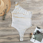 White Gold Scratch Marble Print One Shoulder Bodysuit