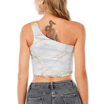White Gold Scratch Marble Print One Shoulder Crop Top
