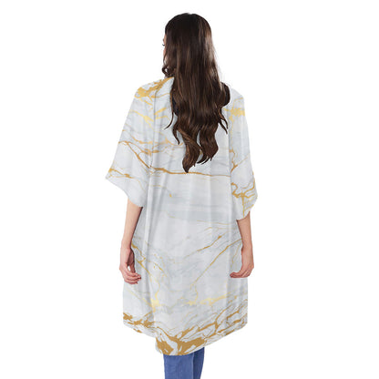 White Gold Scratch Marble Print Open Front Beach Cover Up