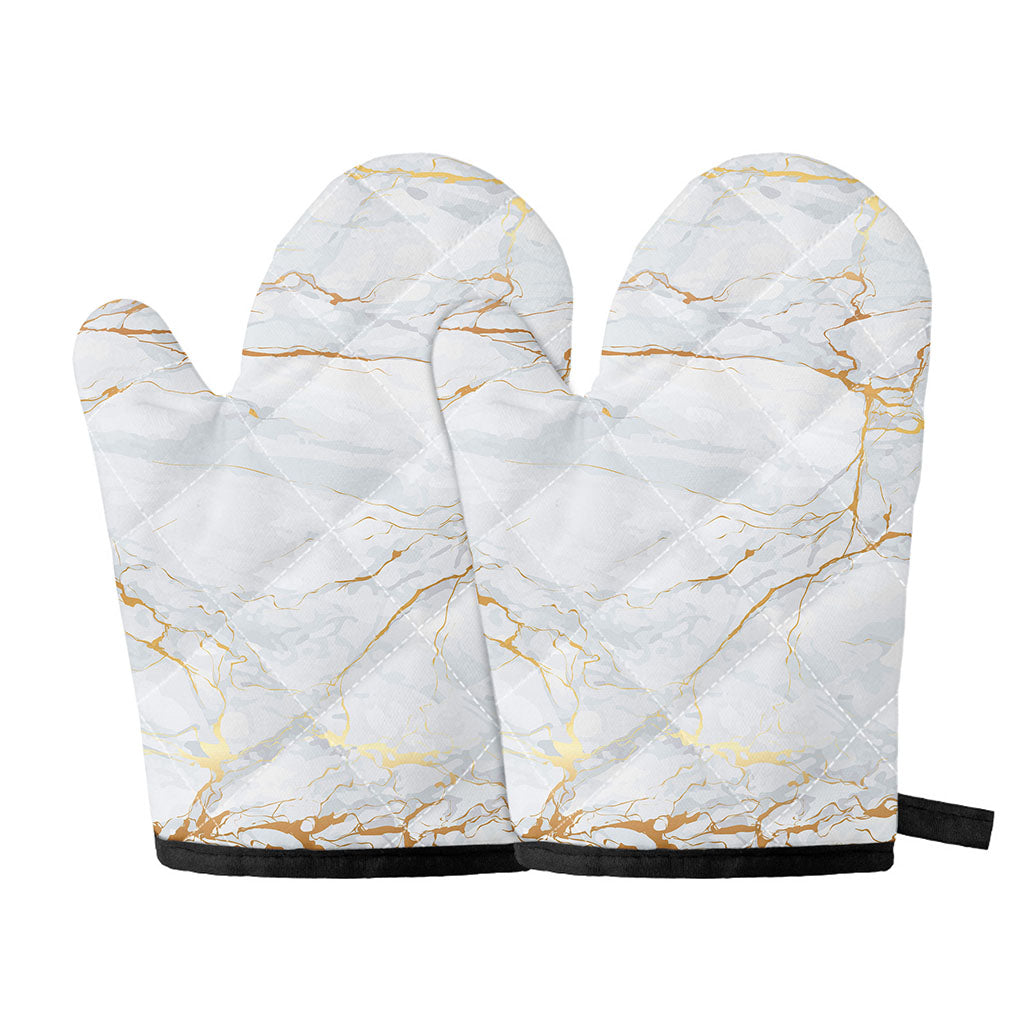 White Gold Scratch Marble Print Oven Mitts