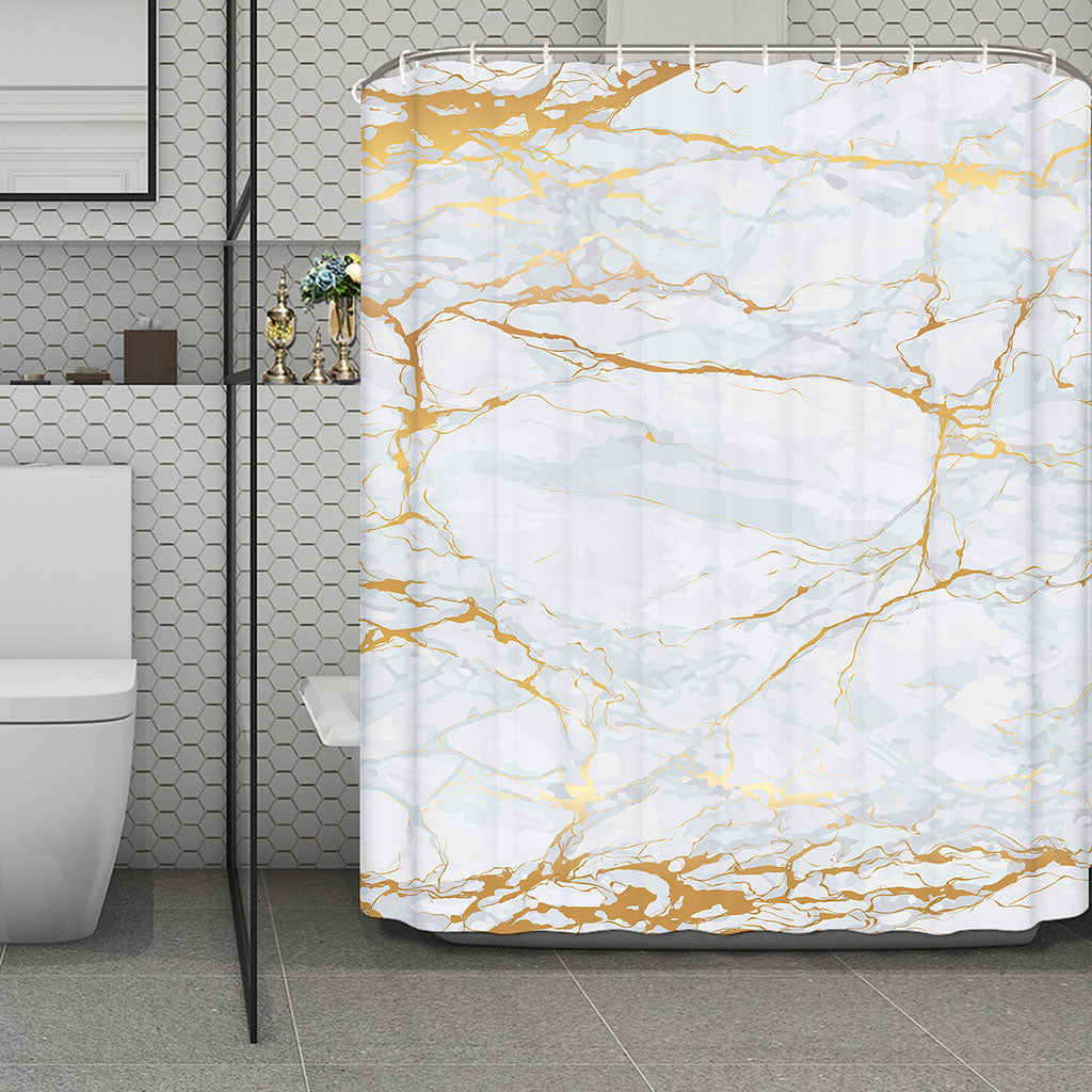 White Gold Scratch Marble Print Polyester Shower Curtain