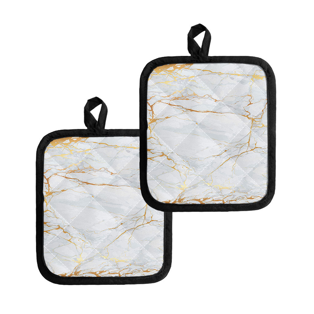 White Gold Scratch Marble Print Pot Holders