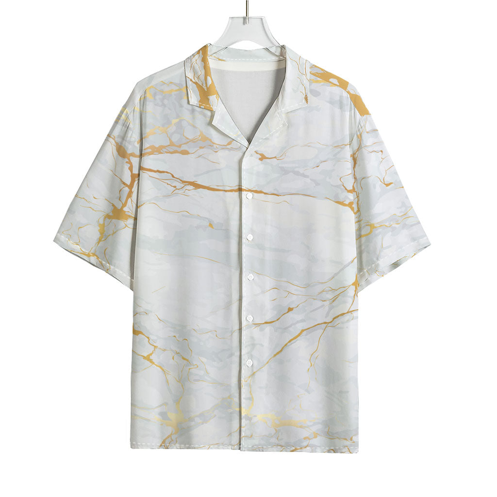 White Gold Scratch Marble Print Rayon Hawaiian Shirt