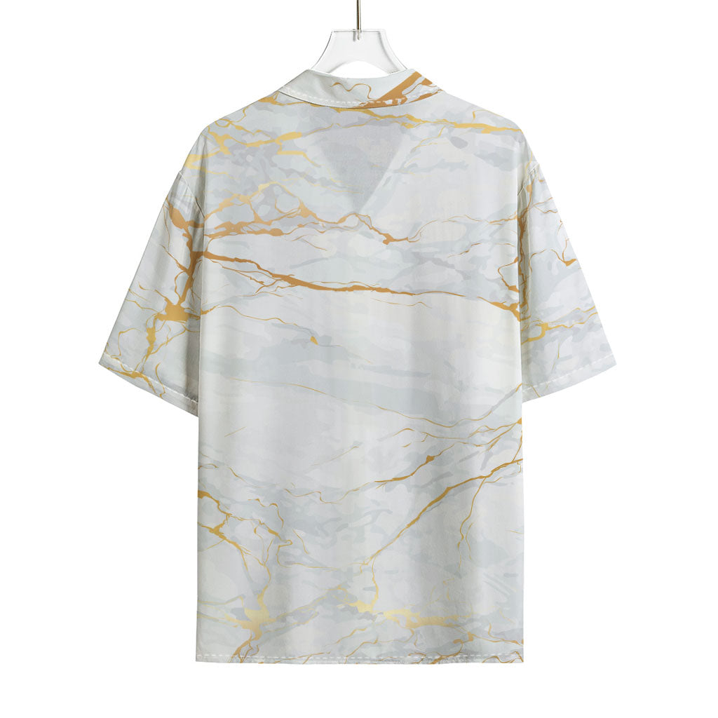 White Gold Scratch Marble Print Rayon Hawaiian Shirt