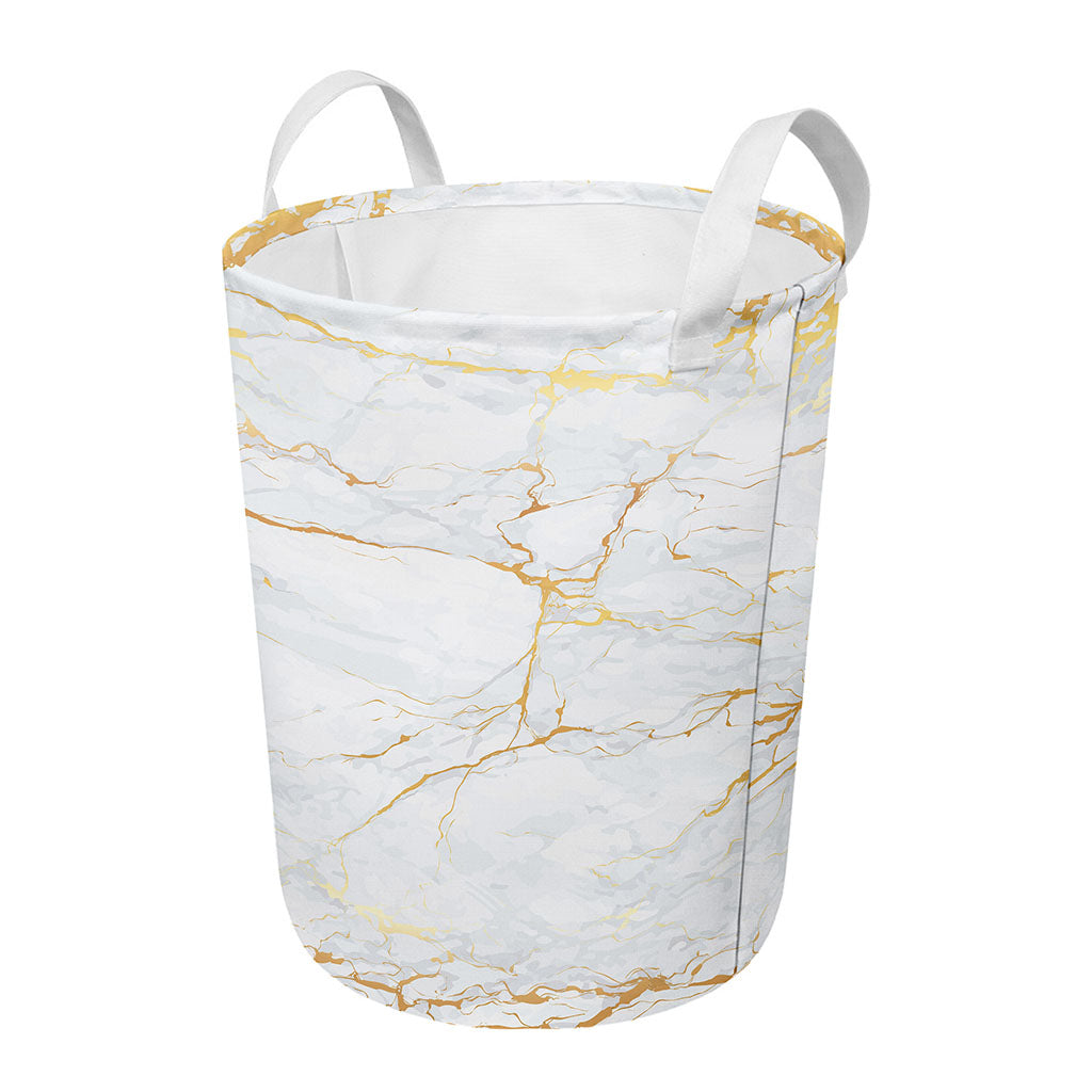 White Gold Scratch Marble Print Round Laundry Basket