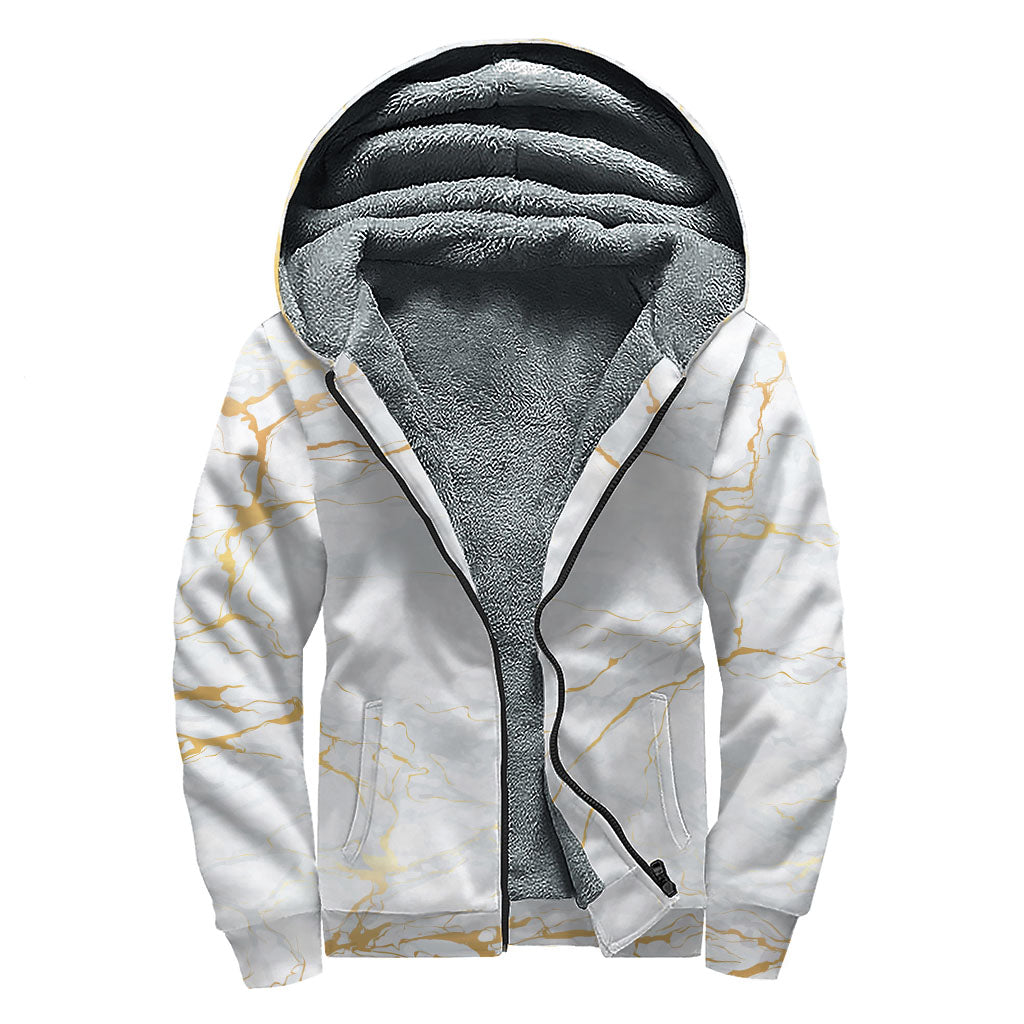 White Gold Scratch Marble Print Sherpa Lined Zip Up Hoodie