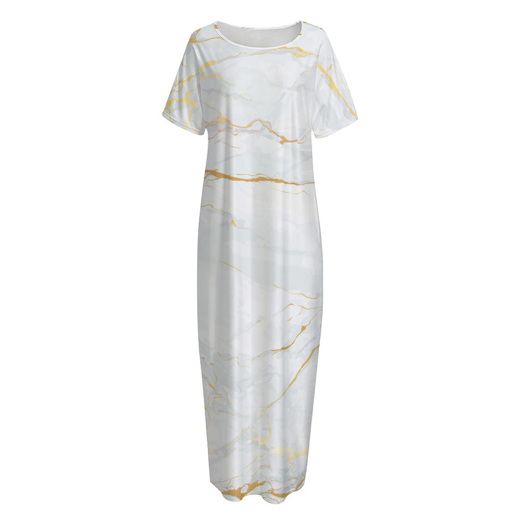 White Gold Scratch Marble Print Short Sleeve Long Nightdress