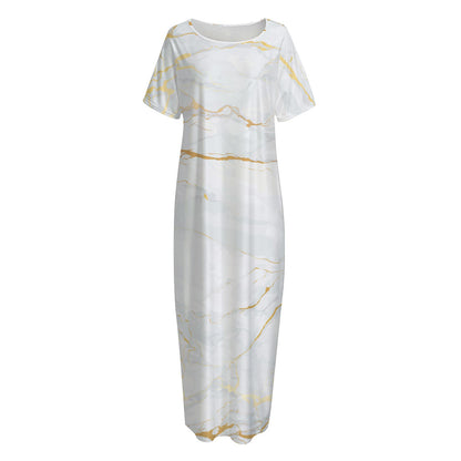White Gold Scratch Marble Print Short Sleeve Long Nightdress
