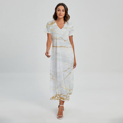 White Gold Scratch Marble Print Short Sleeve Maxi Dress