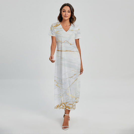 White Gold Scratch Marble Print Short Sleeve Maxi Dress