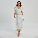 White Gold Scratch Marble Print Short Sleeve Maxi Dress