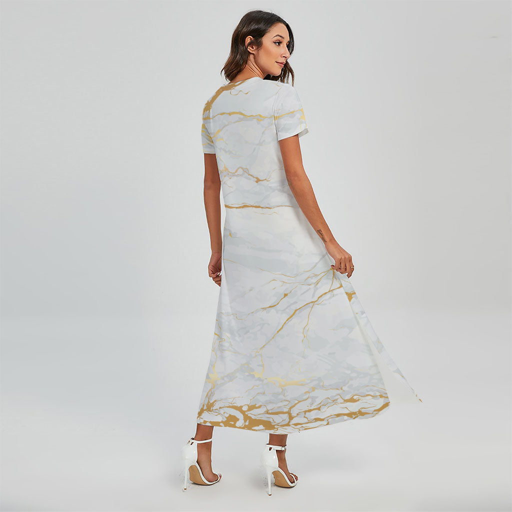 White Gold Scratch Marble Print Short Sleeve Maxi Dress