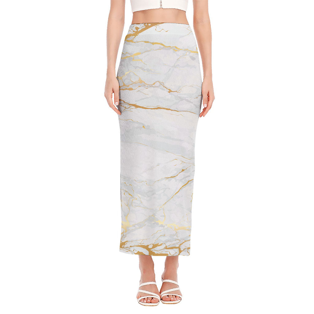 White Gold Scratch Marble Print Side Slit Maxi Skirt
