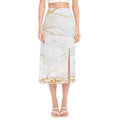 White Gold Scratch Marble Print Side Slit Midi Skirt