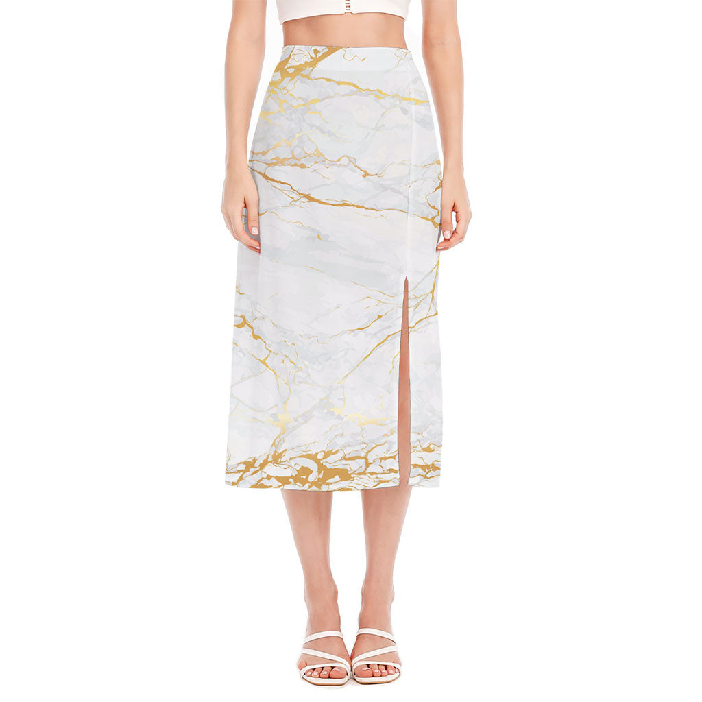 White Gold Scratch Marble Print Side Slit Midi Skirt