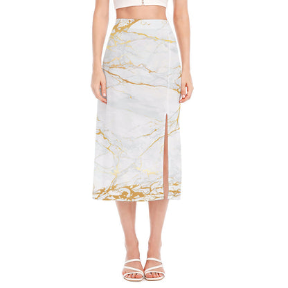 White Gold Scratch Marble Print Side Slit Midi Skirt