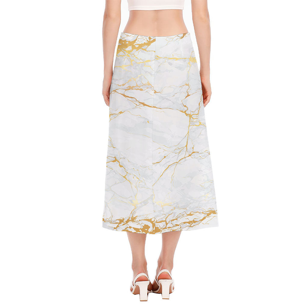 White Gold Scratch Marble Print Side Slit Midi Skirt