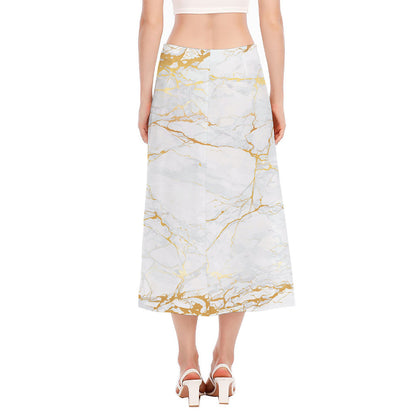 White Gold Scratch Marble Print Side Slit Midi Skirt