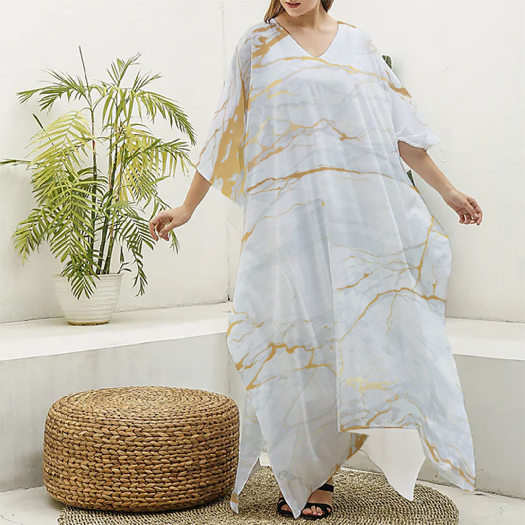 White Gold Scratch Marble Print Silk V-Neck Kaftan Dress