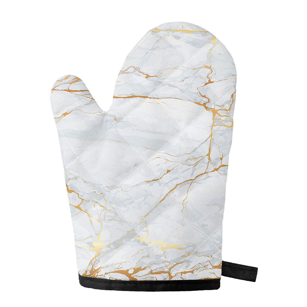 White Gold Scratch Marble Print Single Oven Mitt