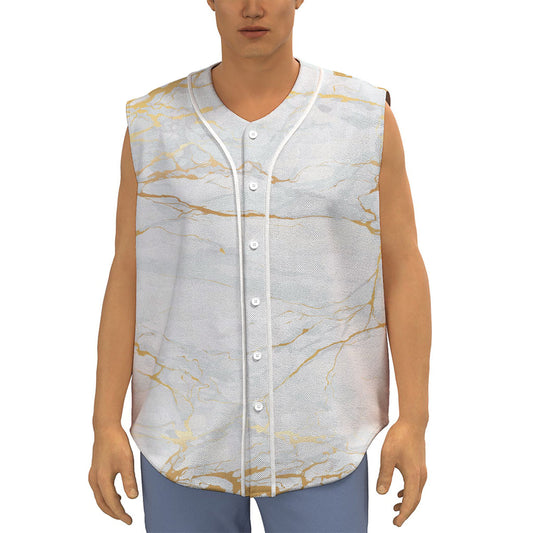 White Gold Scratch Marble Print Sleeveless Baseball Jersey