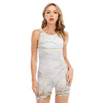 White Gold Scratch Marble Print Sleeveless One Piece Swimsuit