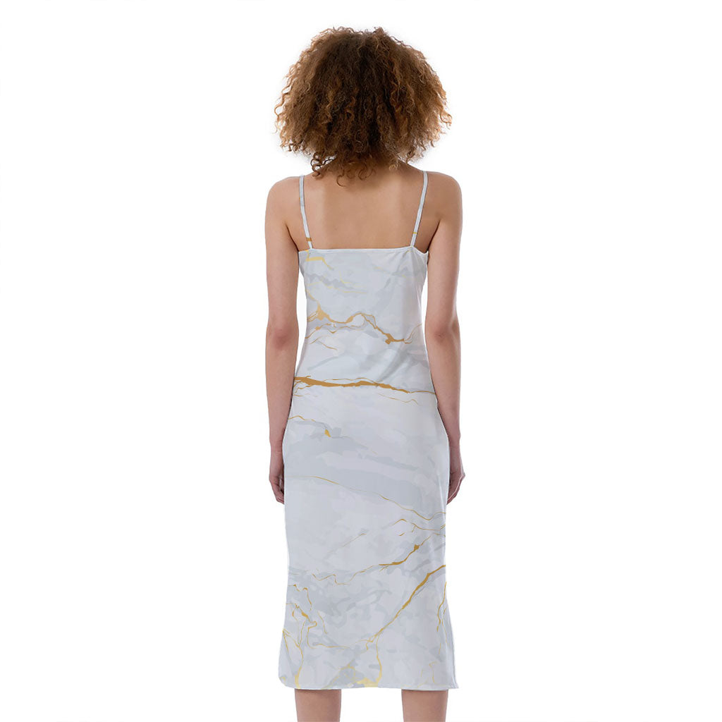 White Gold Scratch Marble Print Slim Fit Midi Cami Dress