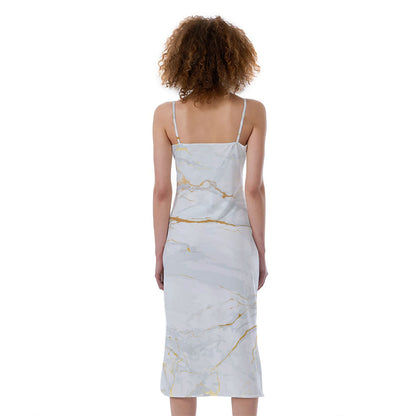 White Gold Scratch Marble Print Slim Fit Midi Cami Dress