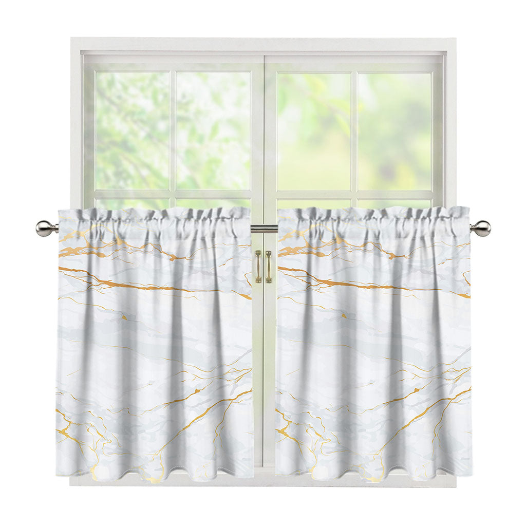White Gold Scratch Marble Print Tier Curtains