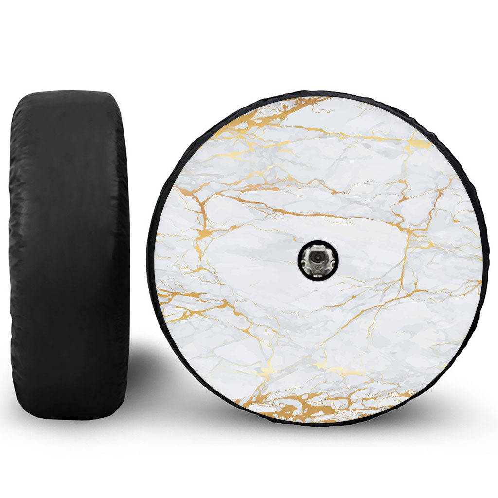 White Gold Scratch Marble Print Tire Cover With Camera Hole