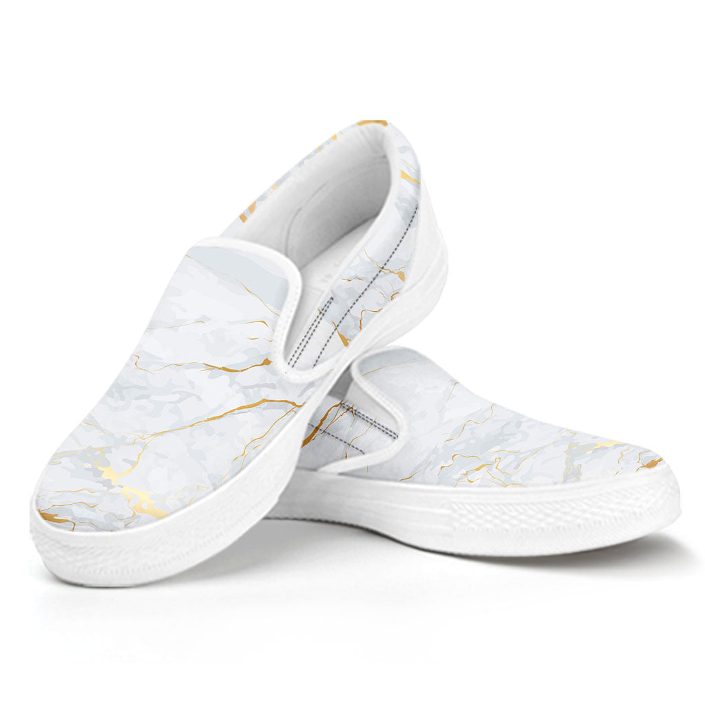 White Gold Scratch Marble Print White Slip On Sneakers