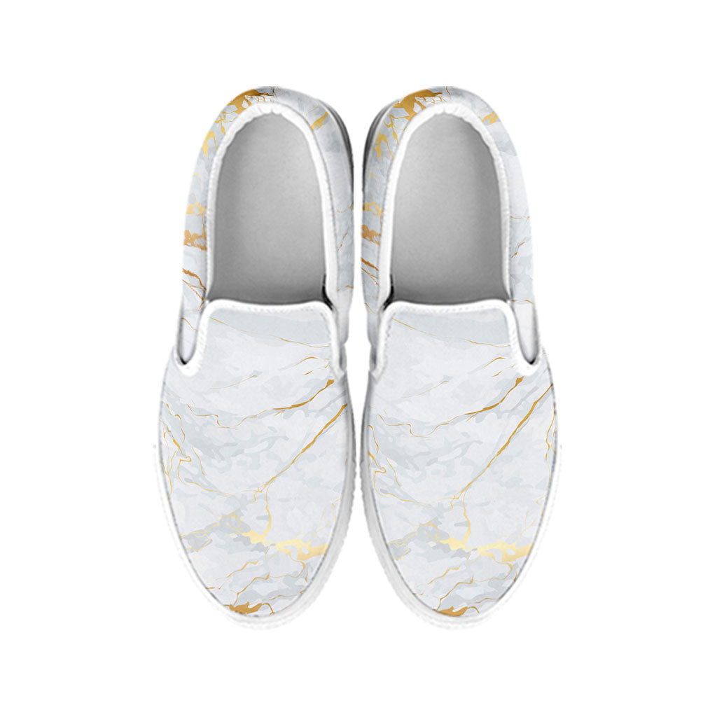 White Gold Scratch Marble Print White Slip On Sneakers