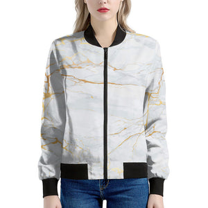 White Gold Scratch Marble Print Women's Bomber Jacket