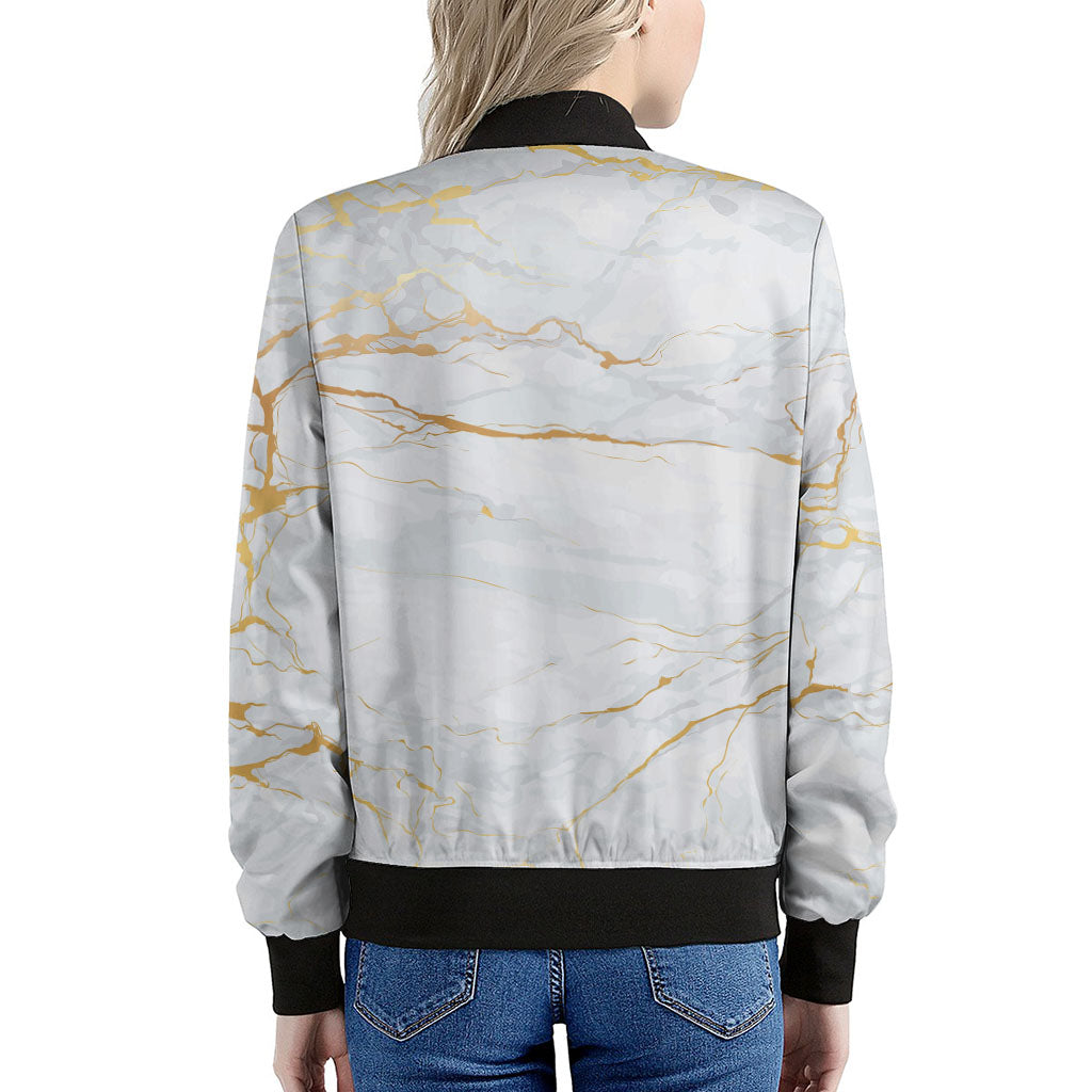 White Gold Scratch Marble Print Women's Bomber Jacket