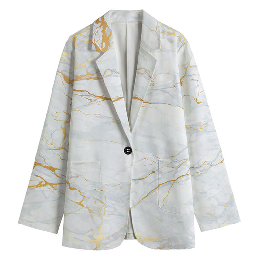 White Gold Scratch Marble Print Women's Cotton Blazer