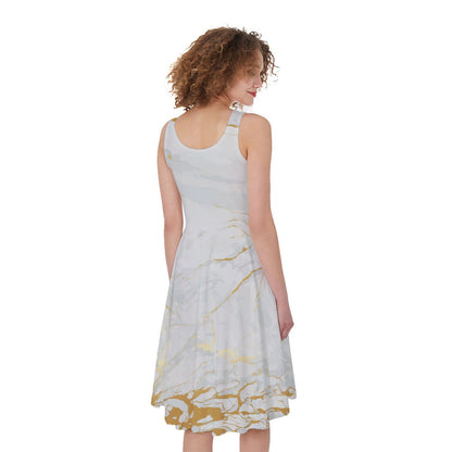 White Gold Scratch Marble Print Women's Sleeveless Dress