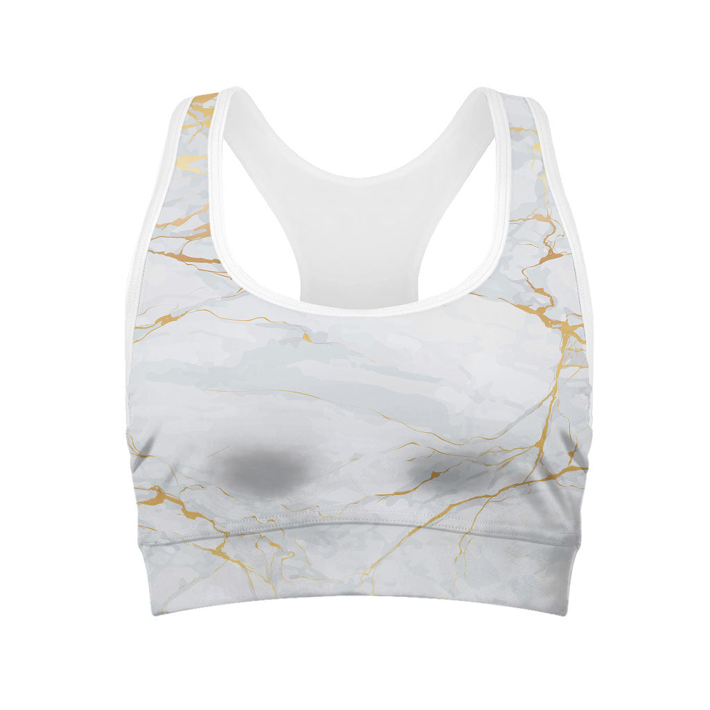 White Gold Scratch Marble Print Women's Sports Bra