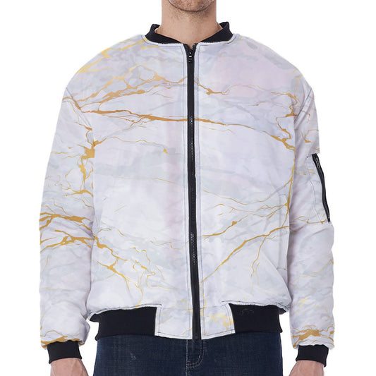 White Gold Scratch Marble Print Zip Sleeve Bomber Jacket