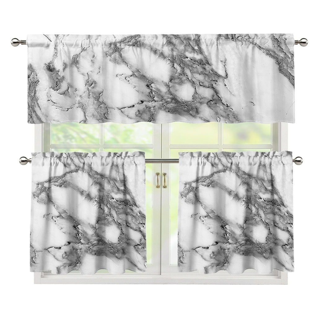 White Gray Marble Print 3 Piece Kitchen Curtains